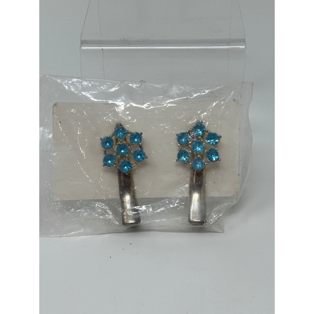 Blue Rhinestone Flower Hair Clips Vintage Silver Tone Set of 2 Alligator Style